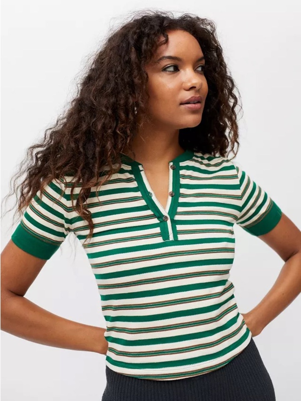 Urban Outfitters BDG Harvey Striped Henley Rib Knit Tee in Green and Cream